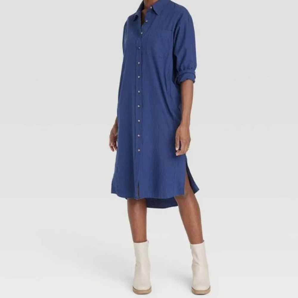 Universal Thread Midi Shirt Dress XS Navy Blue Button Front